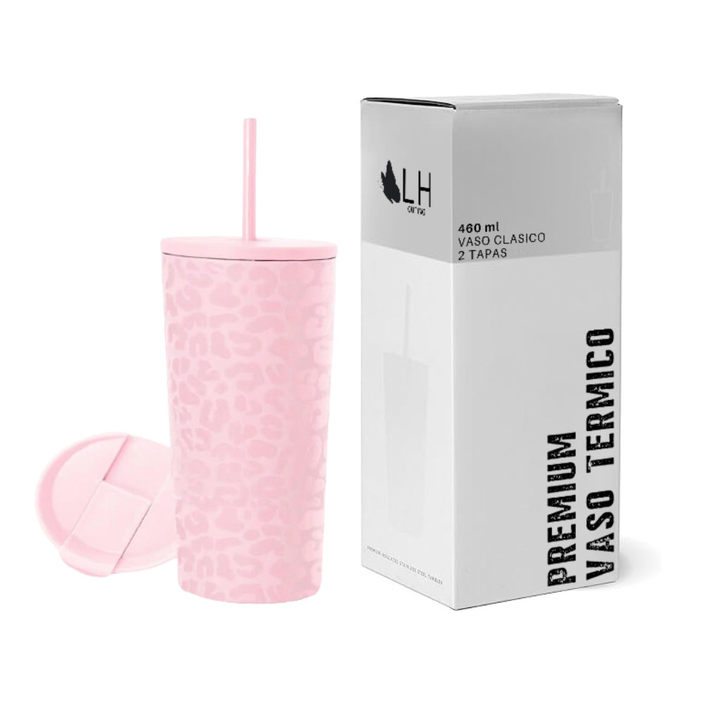 Vaso Termico 460ml 2 Tapas Rosado Leop